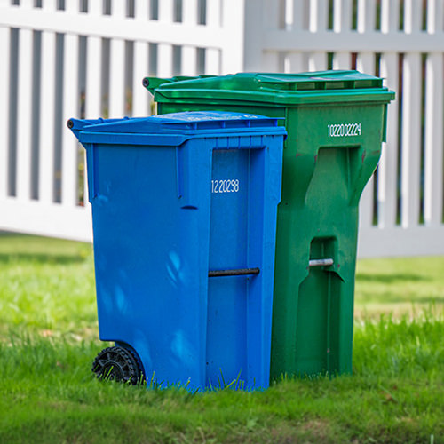 Recycling andTrash bins on the green belt for collection.