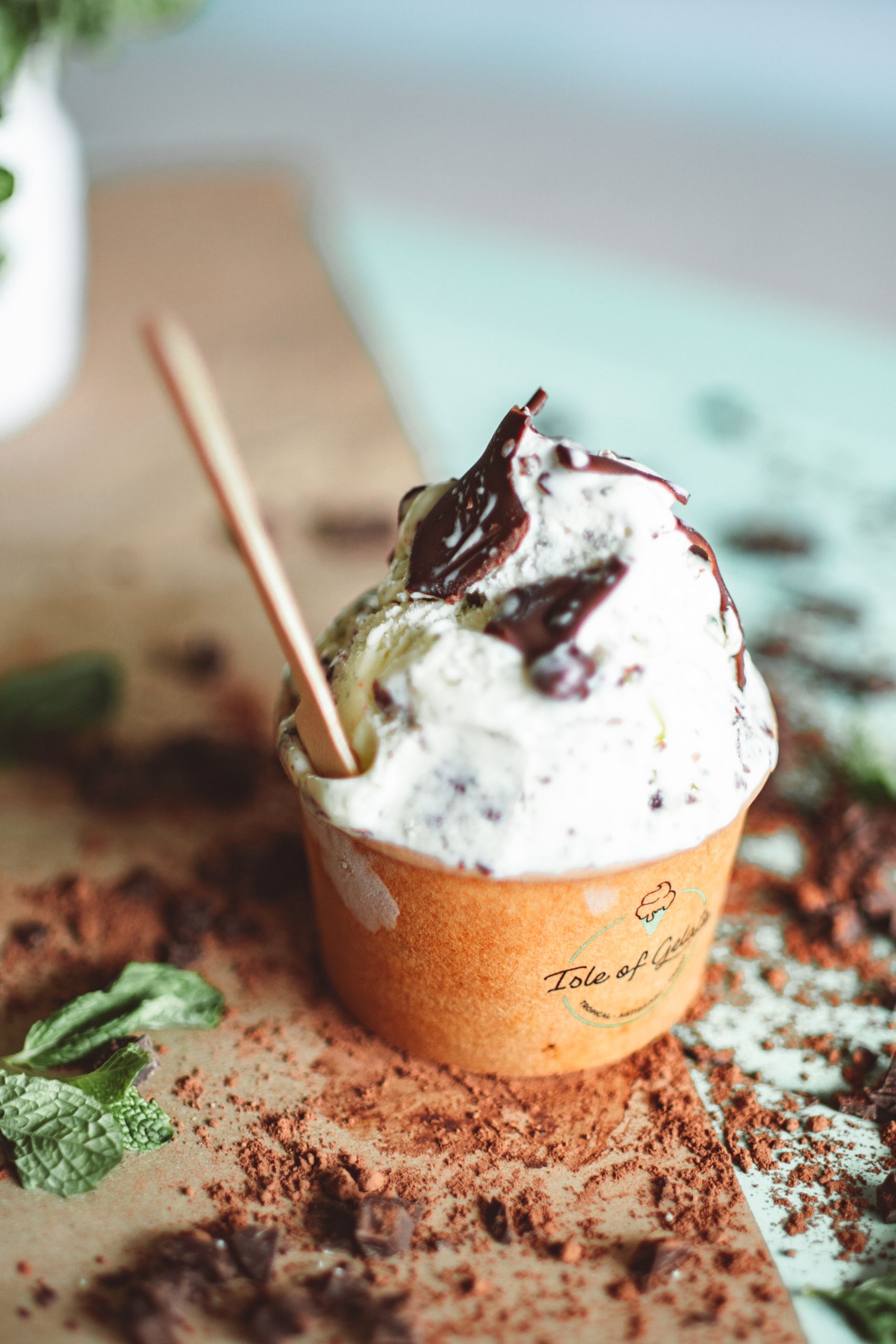 Close-up of chocolate chip ice cream with mint garnish, perfect for dessert lovers.