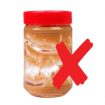 dirty peanut butter jar with food stuck on the inside and a red "X" through it